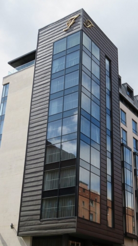 PROJECT: FITZWILLIAM HOTEL, BELFAST MATERIAL: KME TECU OXIDE SYSTEM: TRADITIONAL HORIZONTAL STANDING SEAM CLADDING